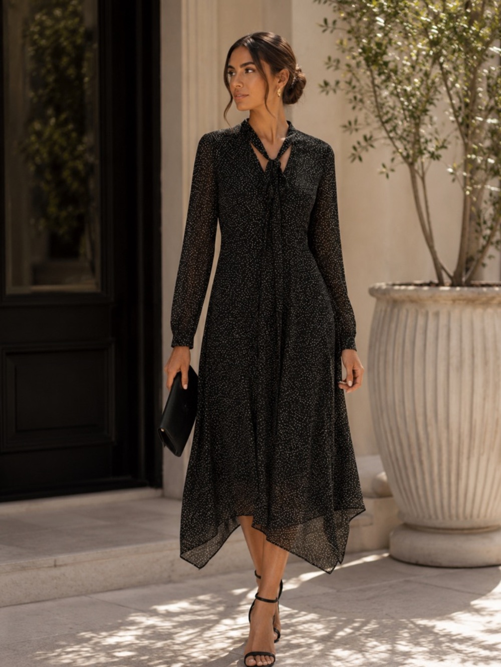 NEW Theory Tie Neck Drape Silk Dress Midi Multi Speckle Black